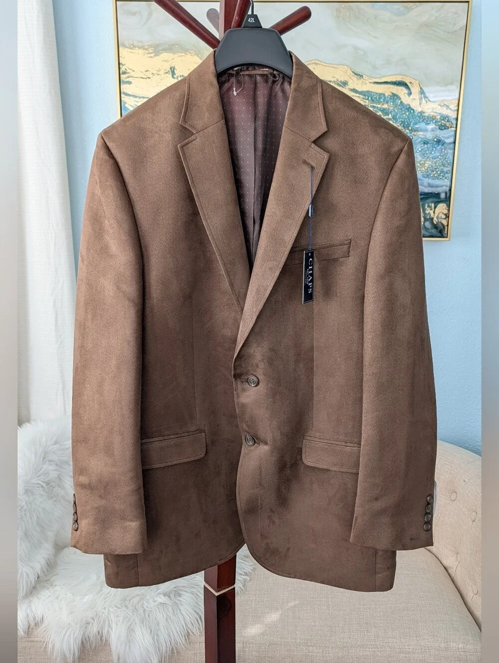 NWT Chaps Brown Faux Suede Sport Coat - Two-Button Mens Blazer Sz 42 L